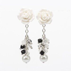 Handcrafted White Black Rosebud Flower Chain Glass Baubles Earrings